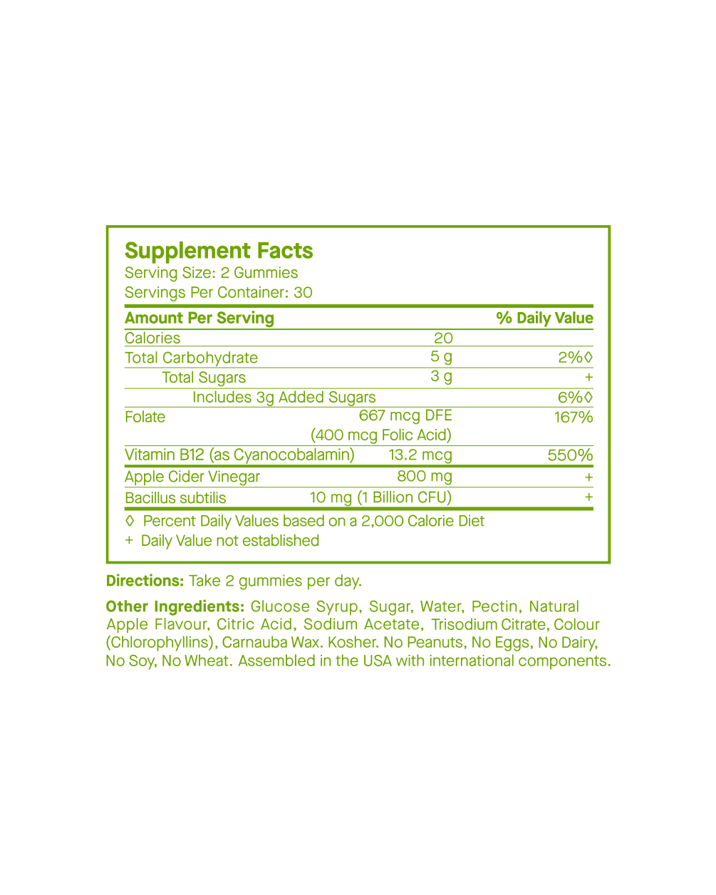 A Supplement Facts label for SpoiledChild J29 apple cider vinegar gummies. It lists a serving size of 2 gummies with 20 calories, 5g of carbohydrates, and 500mg of Apple Cider Vinegar. Other key ingredients include Folate, and Vitamin B12.